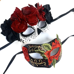 Wine red Half Face Catrina Day Of The Dead Masquerade Mask, Dia De Los Muertos, Festival Masquerade, Blood red rose sugar Skull With Flower