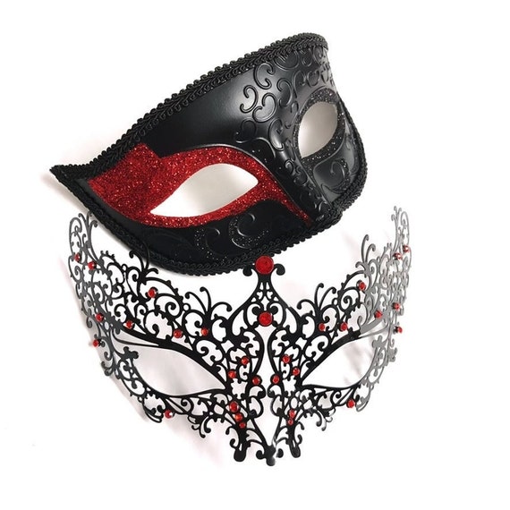 Black Red Feather Masquerade Mask for Women, Lace Mask, Metal