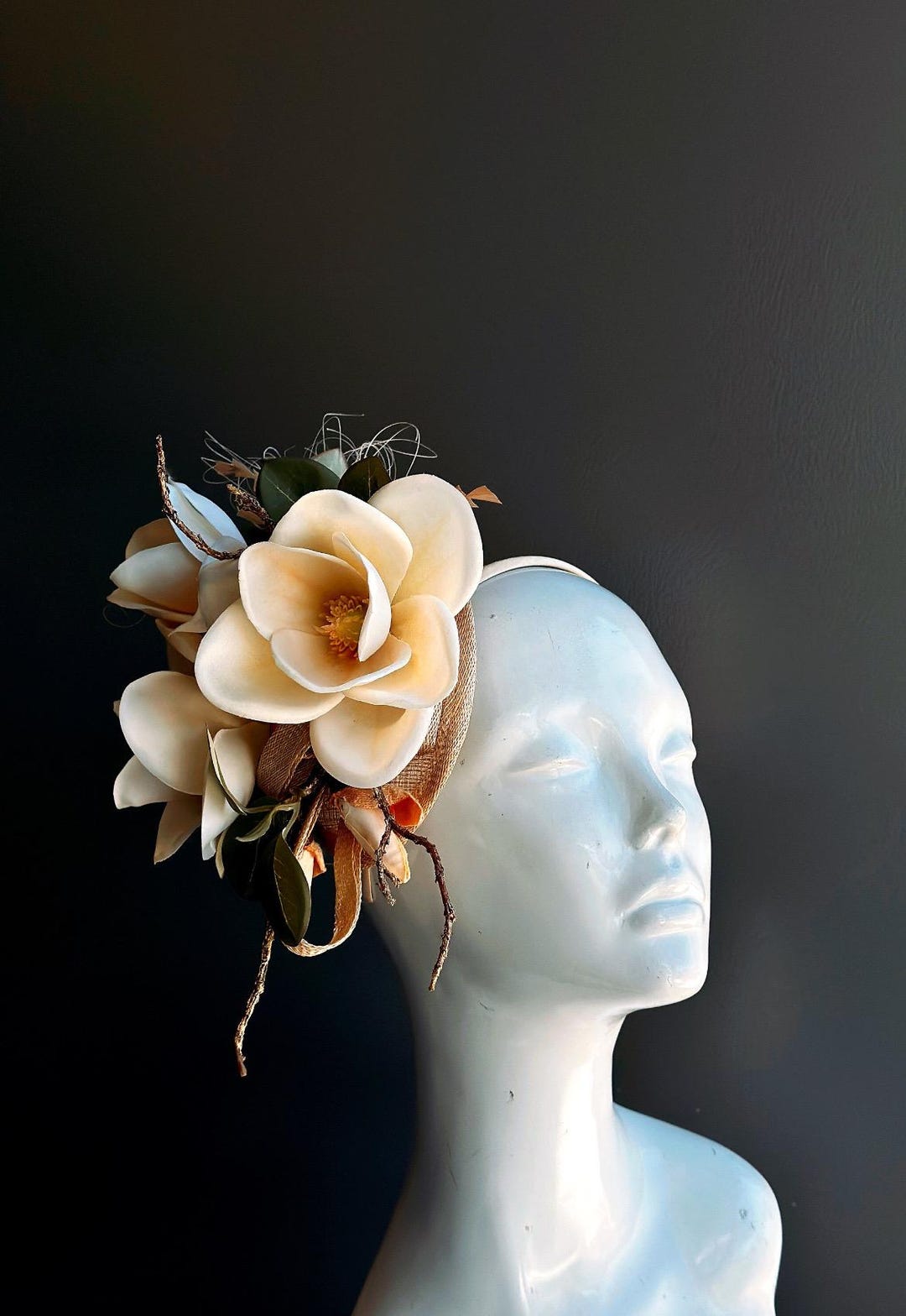 Tea Party Hat Beige Tan Floral Fascinator Hat Magnolia  display picture 3