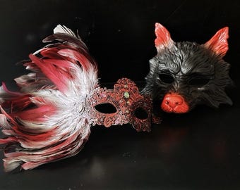 Red White & Black Couple Masquerade Mask Set Wolf Mask and Feather Lace