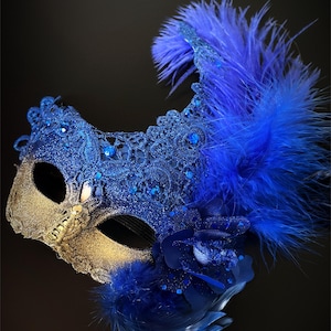 Blue Womens Masquerade Mask Gold Feather Mask Blue Masks Womens Festival Mask Masquerade Party Mask Ball Mask