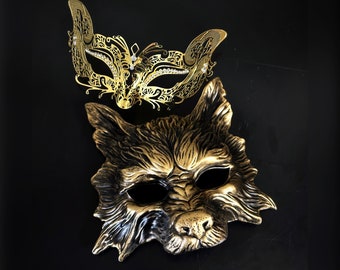 Couples Masquerade Masks Wolf & Fox Halloween - Gold