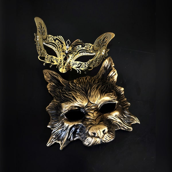 Couples Masquerade Masks Wolf & Fox Halloween - Gold
