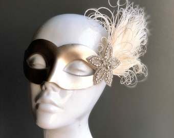 Champagne womens Masquerade Mask Women Ivory Feather Mask, Champagne venetian Masks, womens Masquerade Ball Masks
