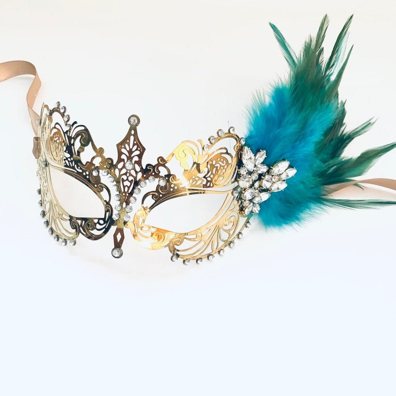 Turquoise feather masquerade mask women prom mask birthday party masks image 1