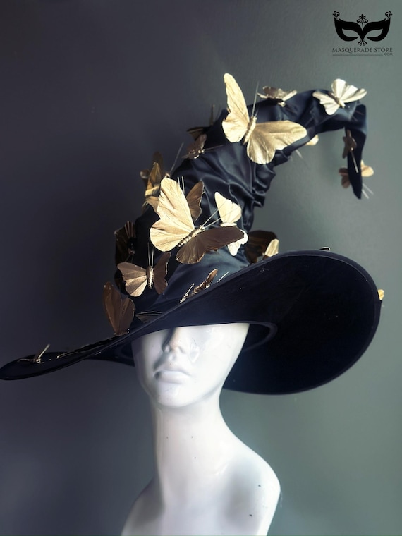 Gold Butterfly Witch Hat, Black Velvet Pointed Hat for Halloween, Costume Parties & Witchy Cosplay