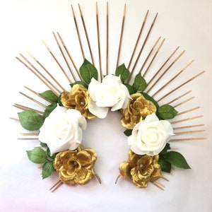 Halo crown inspired by beyonce Flower halo headdress sunburst with roses white gold head crowns image 1