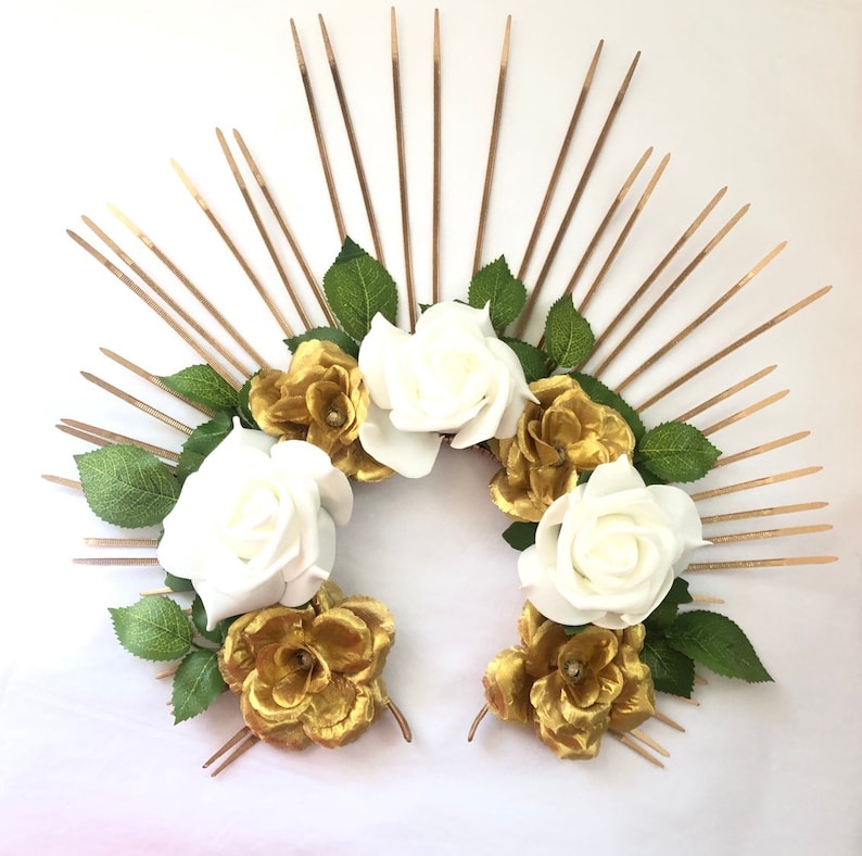 Halo crown inspired by beyonce Flower halo headdress sunburst with roses white gold head crowns image 1