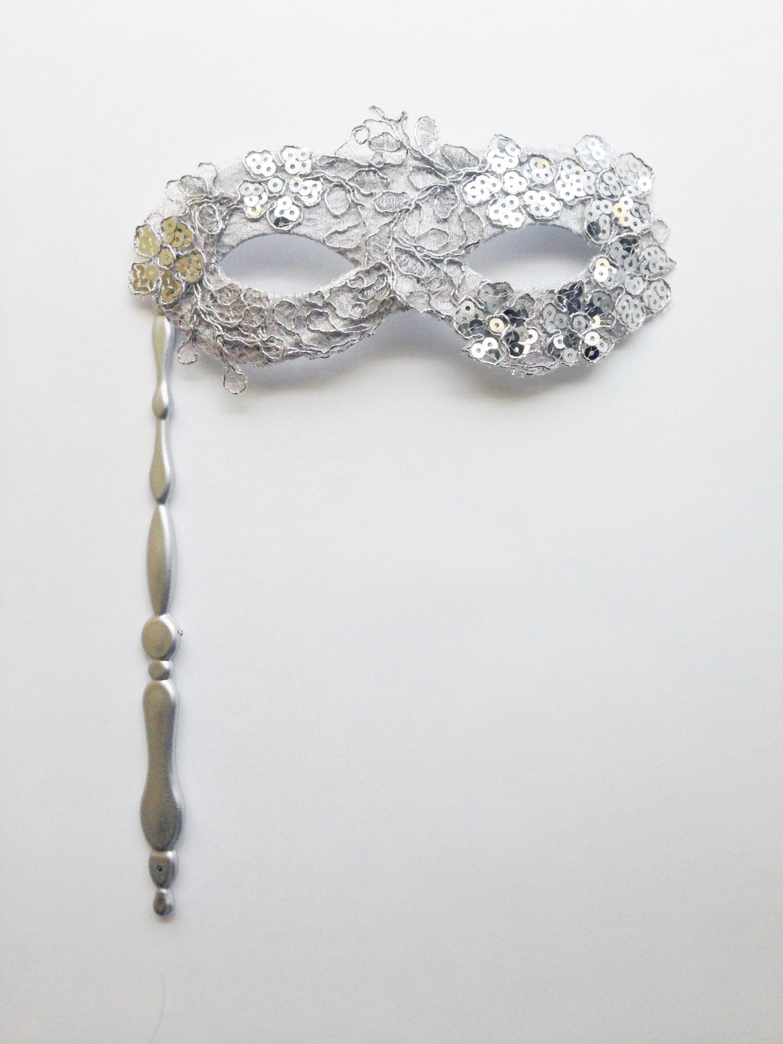 Silver Masquerade mask on stick Womens Hand held Mask Etsy