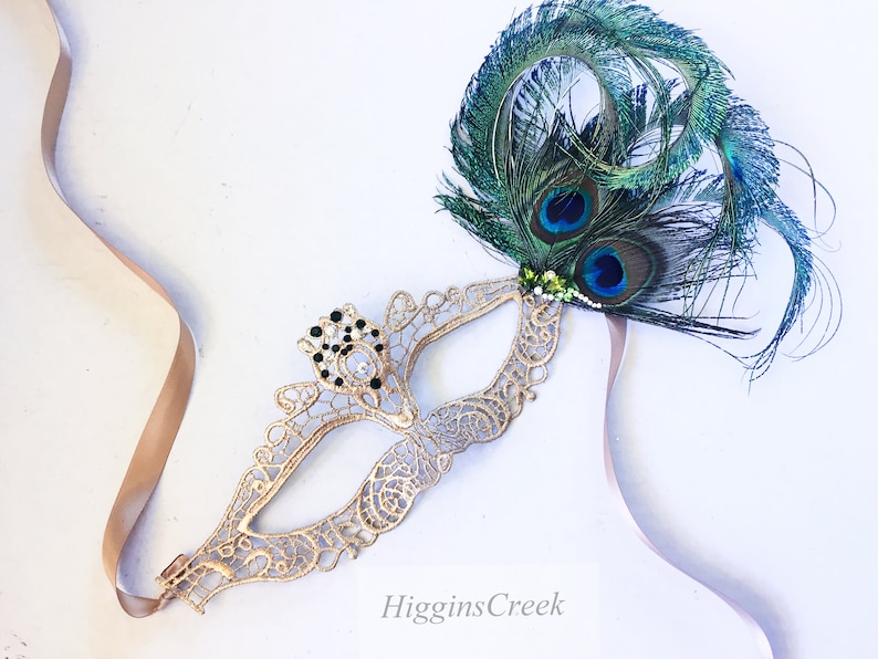 Gold Masquerade Mask With Feathers With Jewels Emerald Green Etsy
