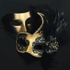 Black Gold Couples Venetian Masks Floral Feather Mask Prom Masks Venetian Masks Anniversary Mask Renaissance Mask Black Gold Ombre Mask