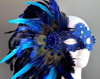 Feather masquerade mask Sapphire Royal Blue women feather mask brocade lace peacock feather Mardi Gras party mask