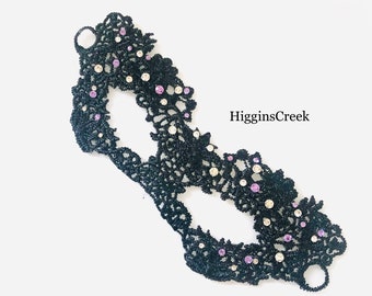 Womens Classic Black Lace Mask with Colorful Crystals - Masquerade Party Mask