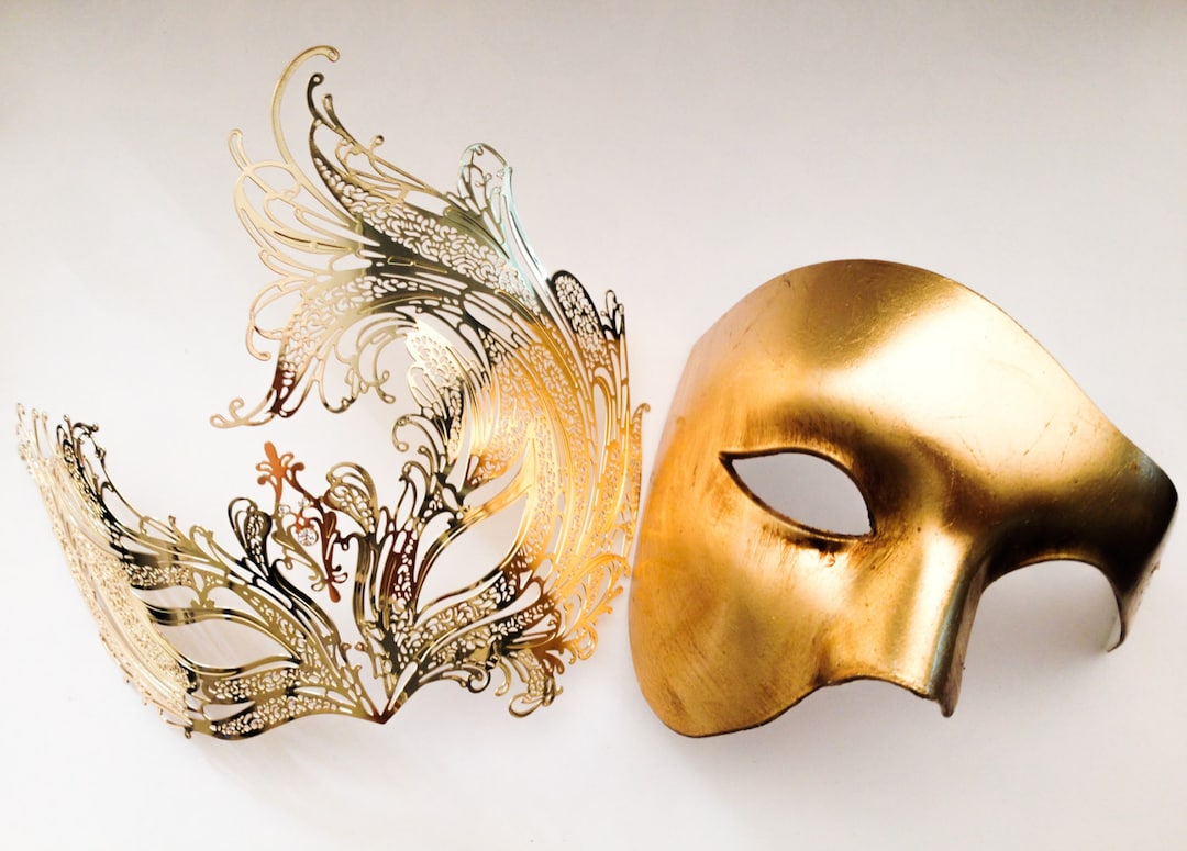 Gold Couple's Masquerade Masks, Gold Phantom Mens Mask and