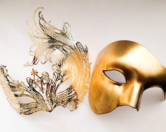 Gold Couple&#39;s Masquerade masks, Gold Phantom Mens Mask and Beautiful Swan Mask for Women, His & Hers Venetian Masks, Lovers Masquerade Set