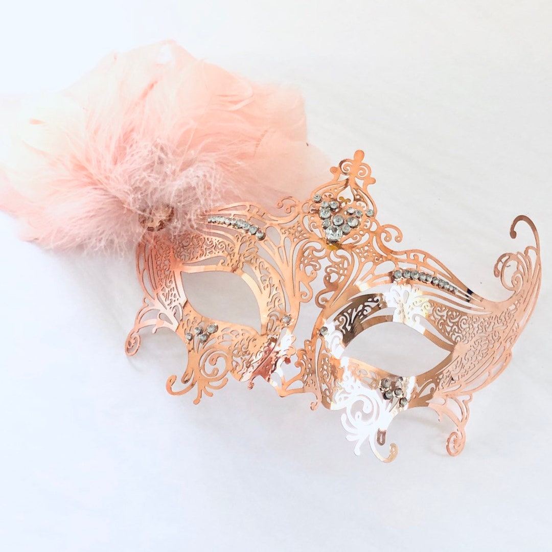 Rose Gold Masquerade Mask Women, Rose Gold Feather Mask, Rose