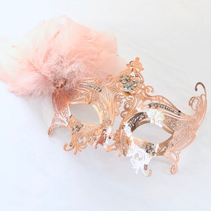 Rose gold masquerade mask women, rose gold feather mask, venetian rose gold mask, rose gold metal mask, nye party masks, prom mask, wedding