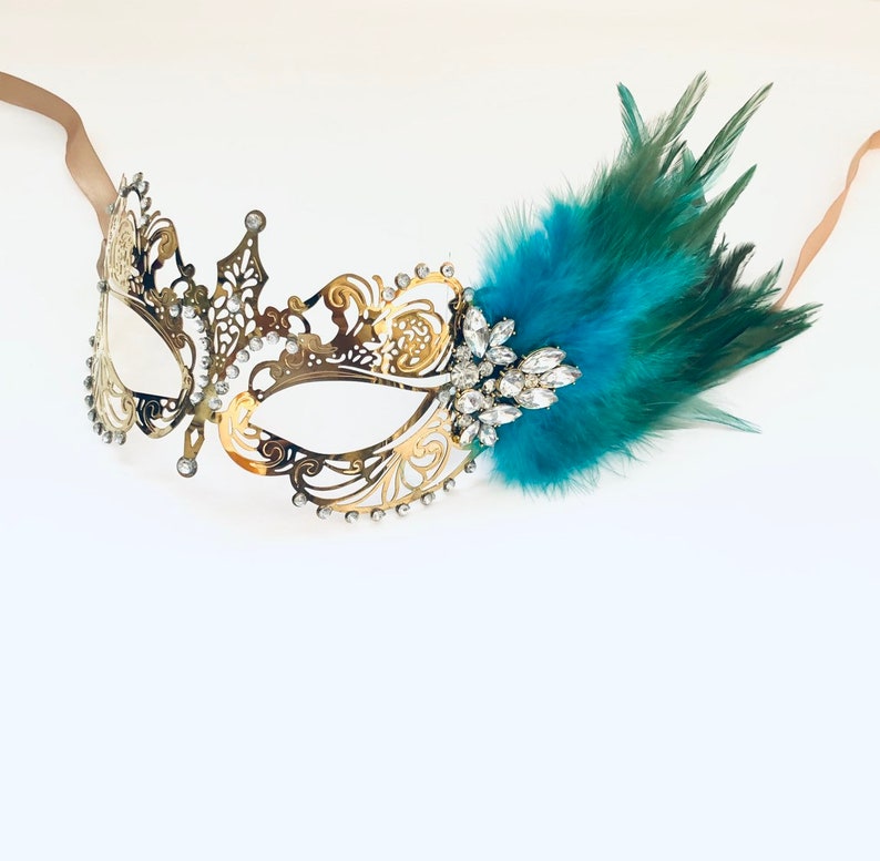 Turquoise feather masquerade mask women prom mask birthday party masks image 3