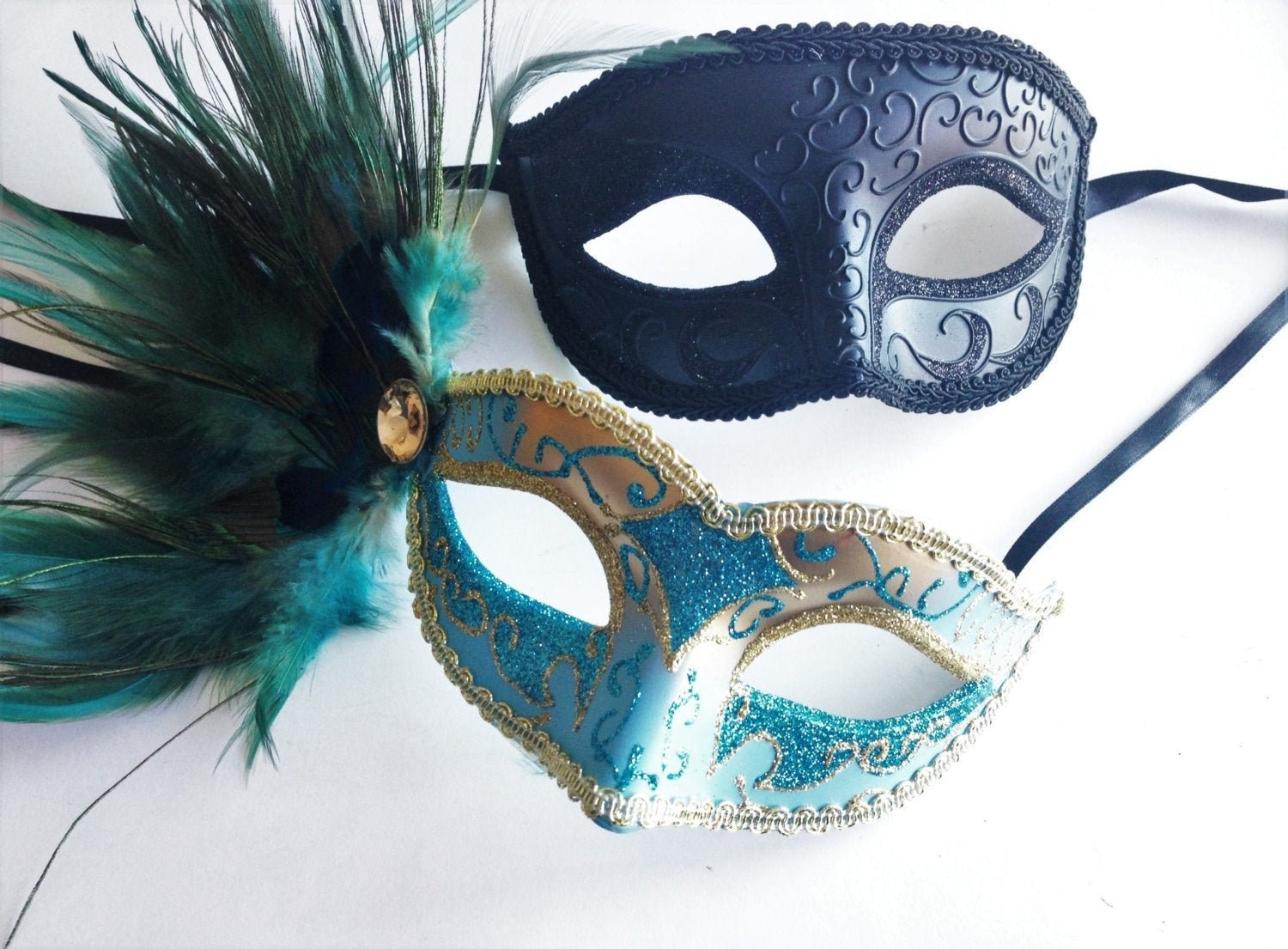 Turquoise Blue and Black Bird Feather Mask Fancy Dress Party Masquerade Ball