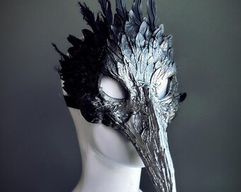 Black Silver Plague Doctor Mask Silver Mens Masquerade Mask Crow Skull Feather Masks Raven Skull Long Nose Bird Costume Halloween Party Mask