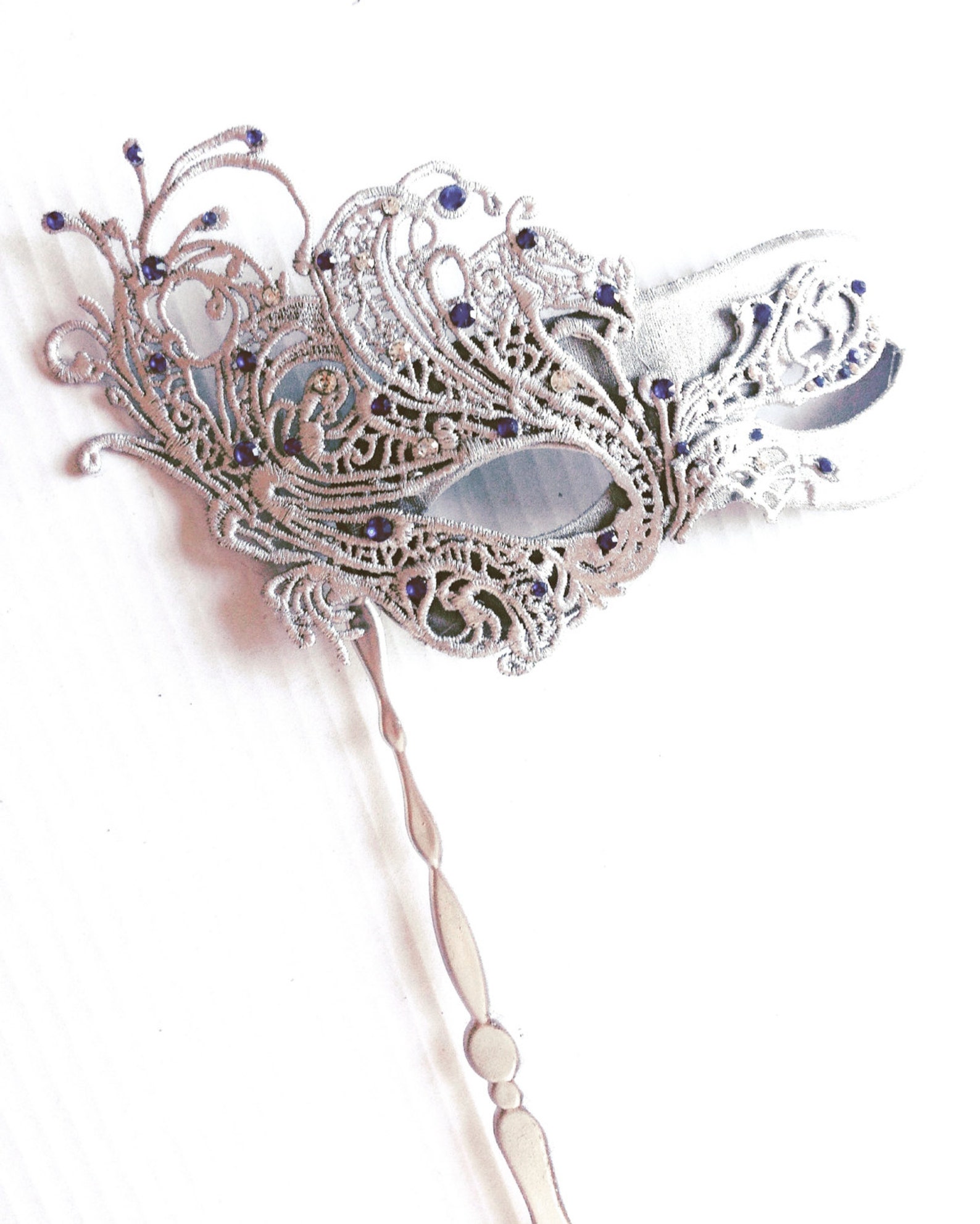 Masquerade Mask Silver and Sapphire Studded Stick Mask Stick Etsy