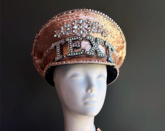 Rose Gold Captain Rave Party Hat with Sequins and Goggles