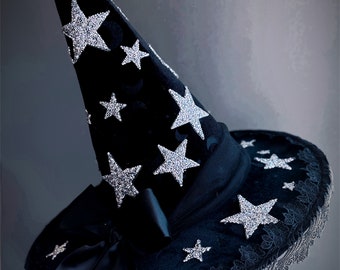 Star Witch Hat, Black Witch Hat, Halloween Hat, Halloween Costume, Witch Costume, Wizard Hat, Witchcraft, Pointy Hat, Sorceror, Warlock