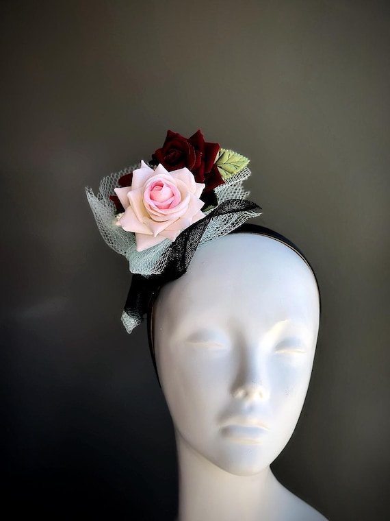 Red Rose Fascinator Hat Rose Bouquet Pink Headpiece Parade 