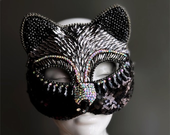 Therian Mask Cat Masquerade Mask Rhinestones Gatto - Black - Adult