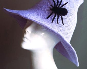 May include: A lavender witch hat with a black spider appliqué. The hat is made of a soft, textured fabric and has a wide brim.
