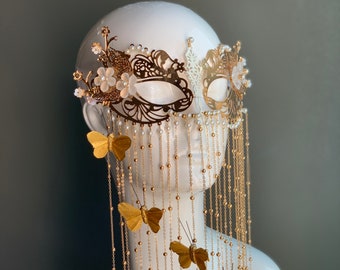 Whimsical Gold Butterfly Masquerade Mask, Pearl Mask, Masquerade Party Mask, Masked Ball, Womens Masquerade Mask, Luxury Masquerade Mask