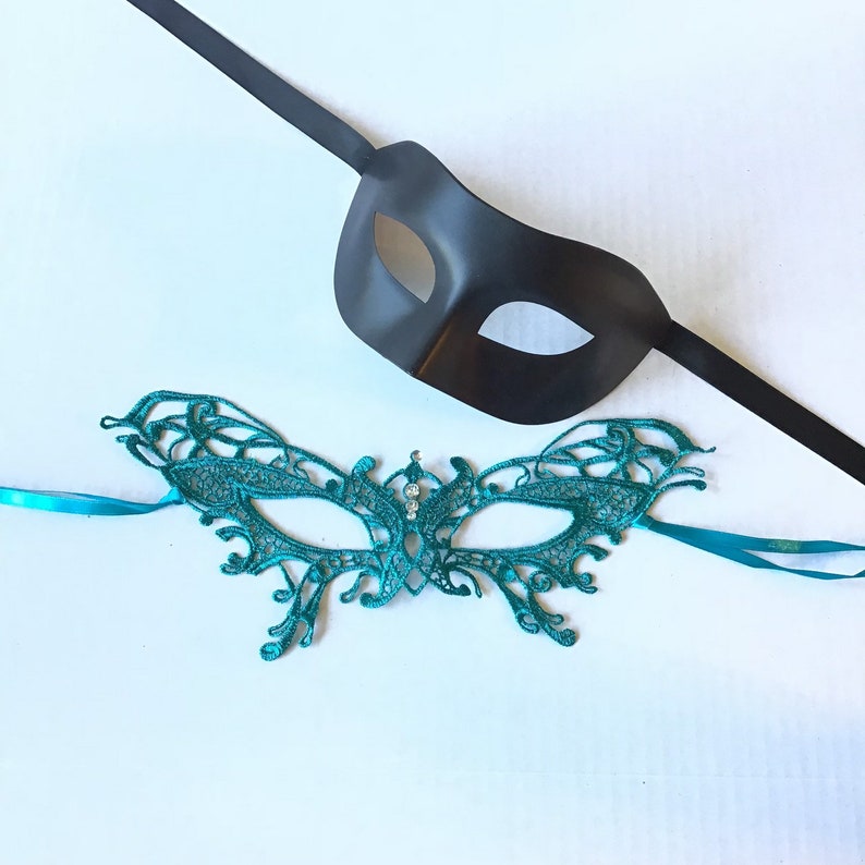 Teal lace mask women mens mask couples mask set couples mask pair his and hers masks for couples mens black phantom mask