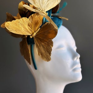 Teal Gold Butterfly Fascinator Tea Party Hat image 7