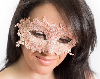 Blush Lace Womens Masquerade Mask with Rhinestones