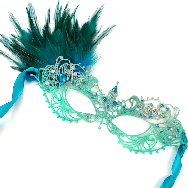Turquoise Teal masquerade mask women lace with rhinestones and feathers for halloween parties weddings