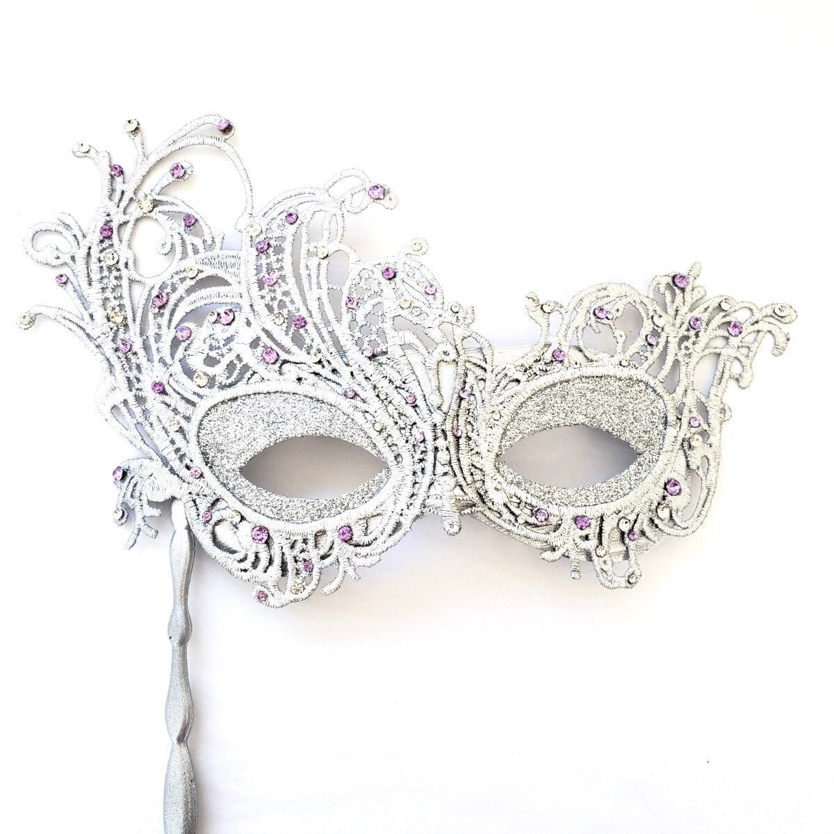 Silver Masquerade Masks Luxury Stick Masquerace Mask Woman Etsy