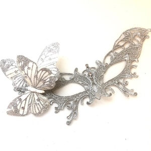 Silver Butterfly Mask with feather butterflies, butterfly lace mask woman masquerade masks, Masked Ball, Party Mask, Venetian Mask