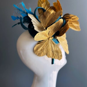 Teal Gold Butterfly Fascinator Tea Party Hat image 8