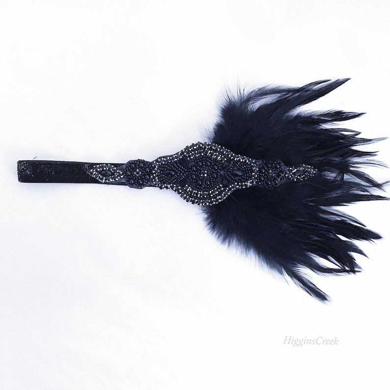 Black Flapper Girl Headpiece Roaring 20's Headpiece Black Headband With Feathers With Elegant Events Masquerade Black Tie Events image 1