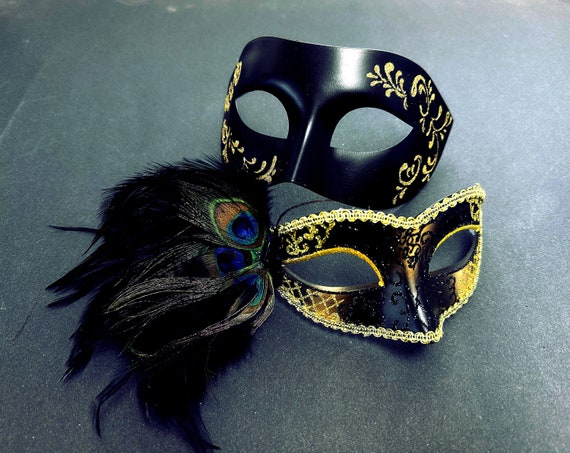 スペイン　仮面舞踏会マスク ブラックゴールドの孔雀カップル仮面舞踏会マスクセット - Etsy 日本