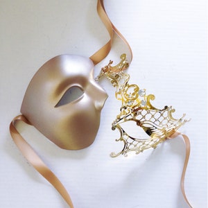 Gold Couples masquerade mask, couples mask set, phantom masquerade masks