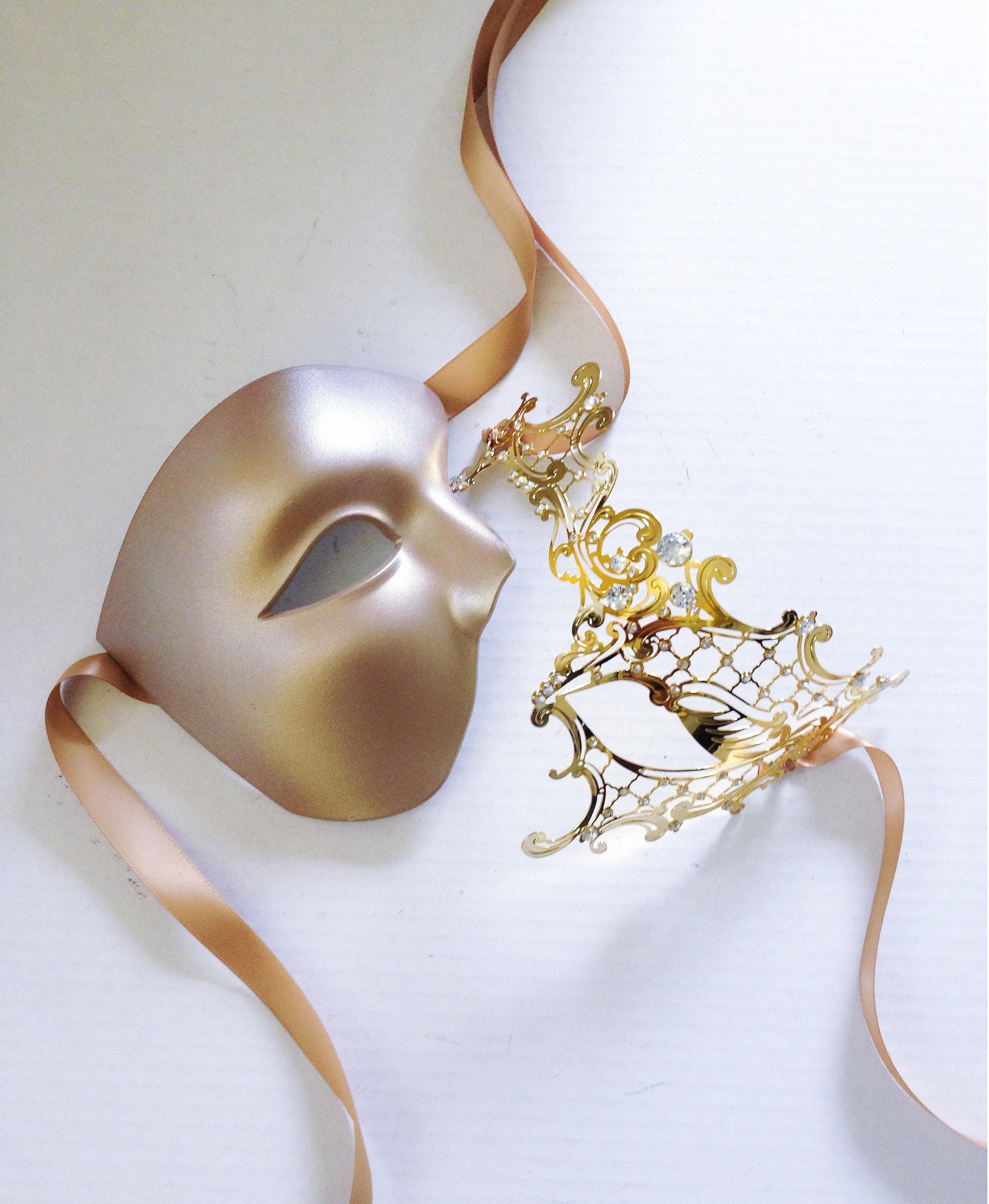 Gold Couples masquerade mask, couples mask set, phantom masquerade masks