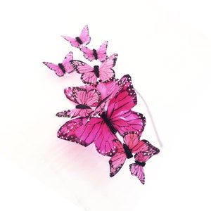 Tocado de mariposa rosa Diadema fascinador rosa con mariposas Sombrero derby con mariposas rosas Tiara de mariposa con corona estilo escalera rosa