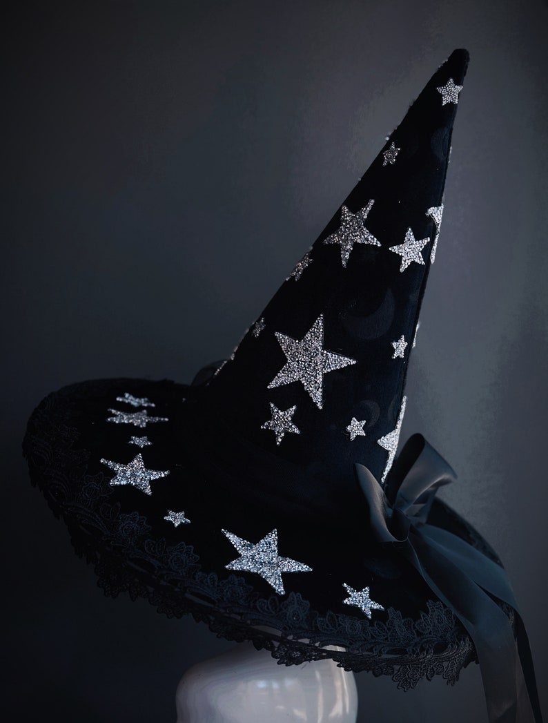 Black Velvet Witch Hat with Sparkly Band and Trim