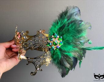 Gold Masquerade Mask, Green Feather Mask, Womens Masquerade Mask, Masquerade Party, Masked Ball, Prom, Elegant Venetian Mask, Wedding Mask