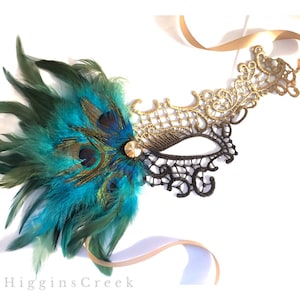 sky blue/teal masquerade mask women Gold/black lace mask