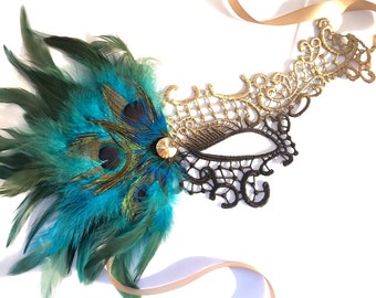sky blue/teal masquerade mask women Gold/black lace mask