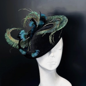Vintage Ornate Crown/ Hat decorated with peacock feathers 1910 - 1920 Hat made of green velvet. It is heavily  main image 3