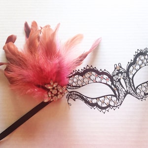 Feather Masquerade Mask for Women studded with diamonds, Pink feather mask, black feather masks image 2