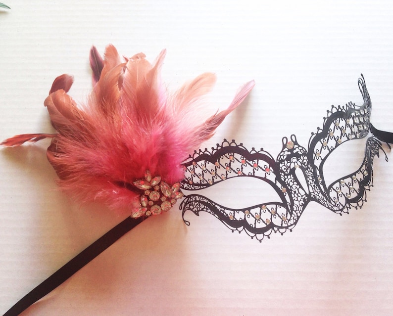 Feather Masquerade Mask for Women studded with diamonds, Pink feather mask, black feather masks image 2